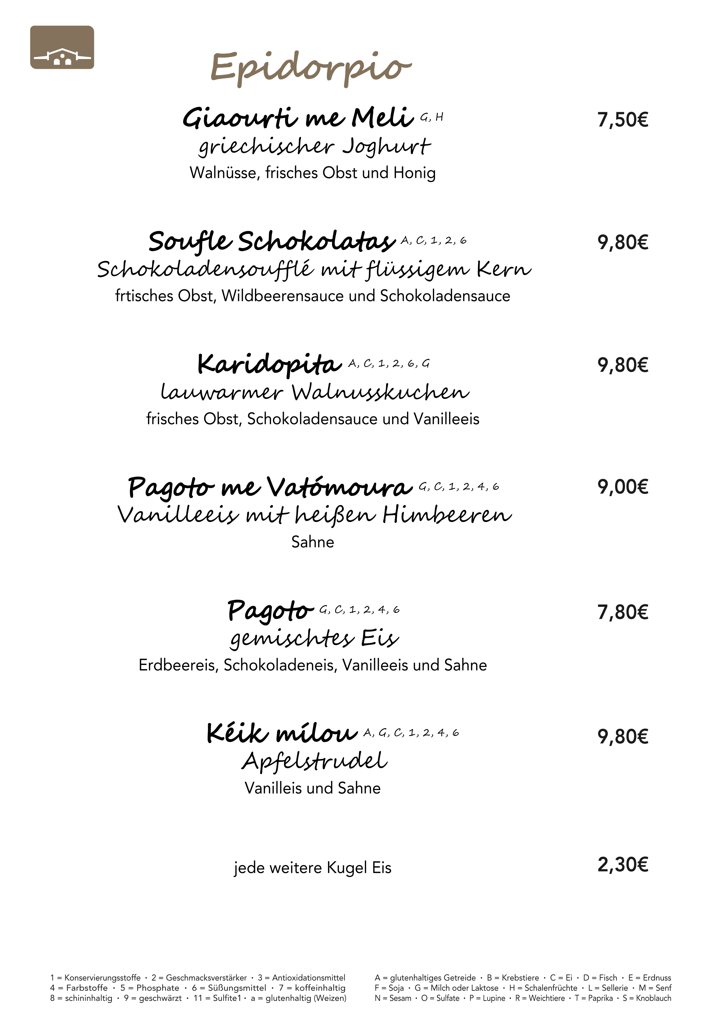 griechischer Joghurt, Schokoladenkuchen, Vanilleeis, heiße Himbeeren, ApfelstrudelWalnusskuchen