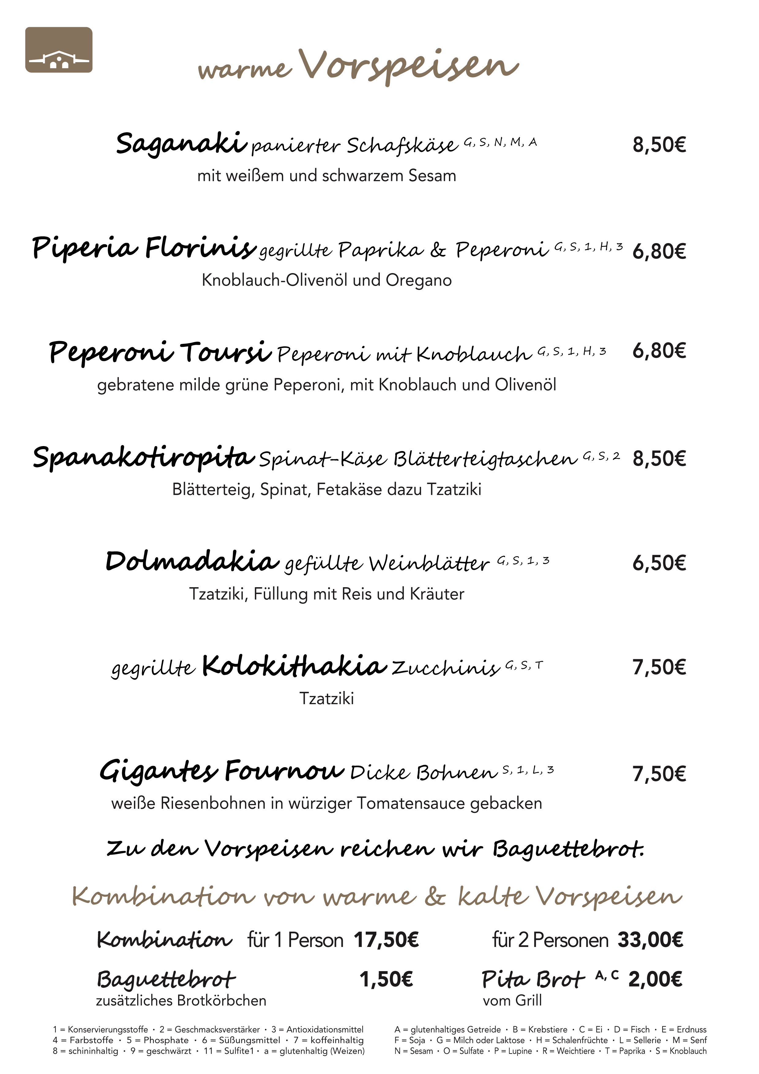 Fetakäse, Paprika, Peperoni, Spanakotiropita, Dolmadakia, Gigantes