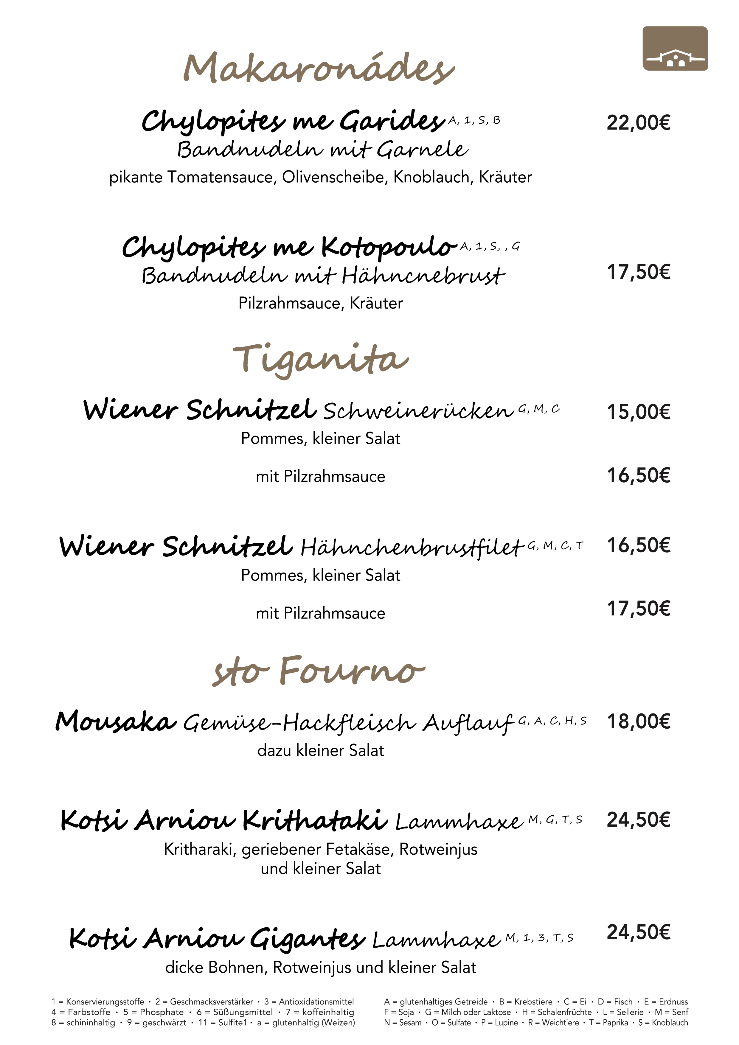 Bandnudeln, Schnitzel, Mousaka, Lammhaxe, Fetakäse, Garnele